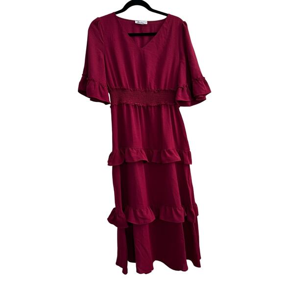 NWOT Women's Red V-Neck Ruffle Boho Cottagecore Dress Medium - Picture 1 of 11